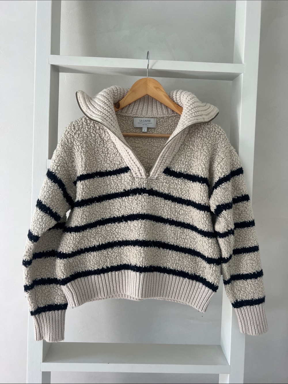 La Ligne Cream and Black Striped Half-Zip Pullover Sweater